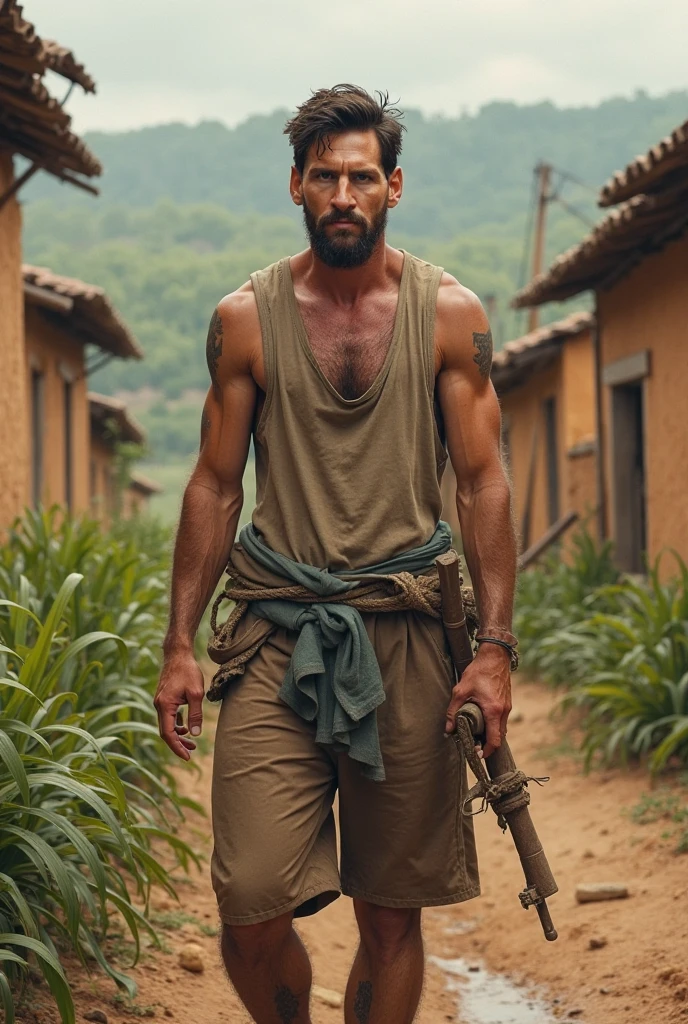 draw a picture of a young soldier with a muscular chest and stomach, returning from the battlefield with his body covered in wounds and holding a flag, with his face down and a badass pose