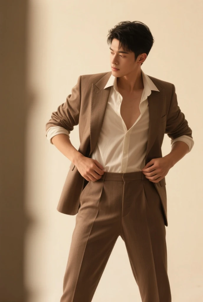 (1man:1.4),(male:1.2),(full body:1.2), age 25 beared handome man , studio lighting , photo shoot of lemon yellow linen tuxedo ,portrait shoot