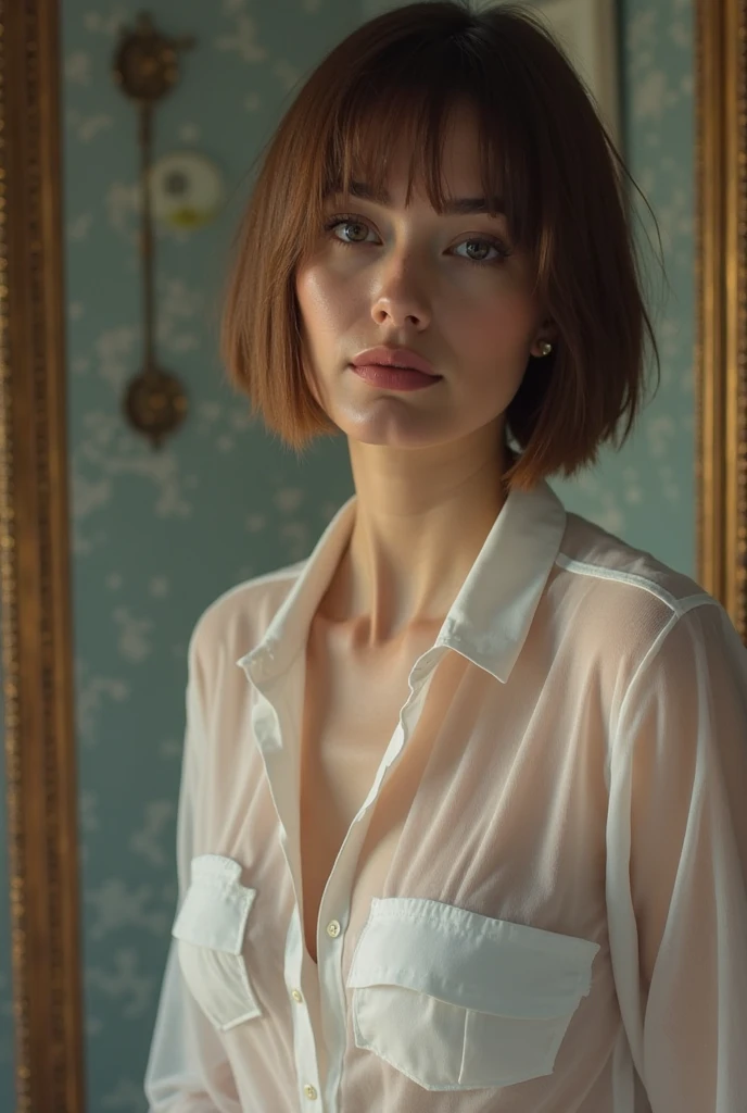 NFSW with backlight, Light leakage, Dynamic Lighting, slim, ,(shirt:1.4),(Partially unbuttoned:1.5),Mature Young,Erotic style,very cute,whole body,Beautiful and soft skin、Perfect Face、Perfect Face,Gorgeous long brown hair,8K resolution,Ultra-realistic,Very detailed,high quality,Fashionable erotic beautiful immature woman ,(Look at the viewers)