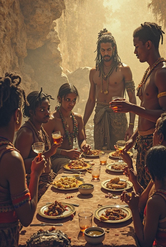 Happy african men sitting around a big pot drinking from it with straws, african village setting, cinematic lighting, artgerm style, 32k, ultra HD, unreal engine rendered, sunrise shining, with iridescent light,