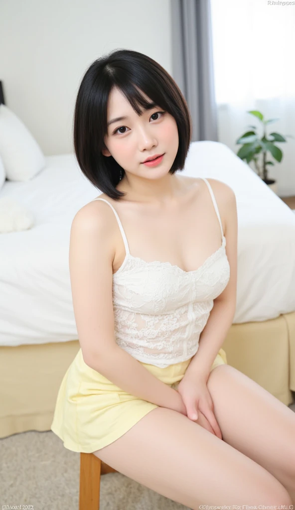 (Highest quality、masterpiece:1.9)、((Neat and clean female college student、1 person))、Soft lighting by a professional photographer、Natural light、((Very spacious white luxurious room:1.6))、((Bright white room:1.6))、(Sitting on a very luxurious white bed:1.2)、(White Bookcase:1.1)、Natural soft light、((Black Hair:1.1))、Fair skin、Detailed Eyes、double eyelid、Slightly puffy cheeks、((Small Face:1.0))、((Check One Piece、Grey mini skirt、Please wear it with the chest open.:1.1))、(smile)、((Girly pose 1.8))、High resolution,、((Short Hair:1.2))、((Full Body Shot:1.2))、Live-action image quality、((Height: 150cm))、Hands in front、Hide your hands between your legs、(bangs:1.1)、