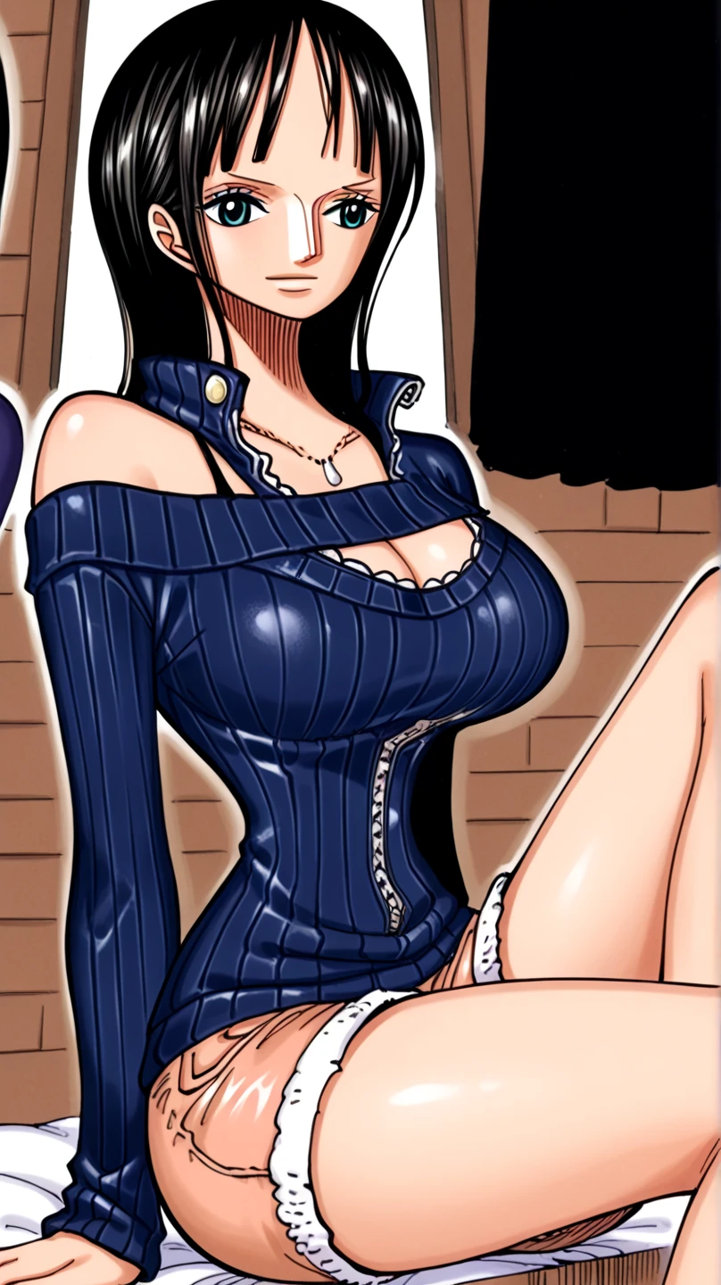 (Highest quality)　whole body　Nico Robin from One Piece, Long black hair, blue eyes, Dark, wide pupils, Blushing, Big Breasts,  Wearing a white shirt, Sit on the bed ,  Showing her nipples　Beautiful nipples　Beautiful breasts　Cleavage Emphasis　(paizuri)  (Beautiful pubic hair) Love juice　lure　1 boy, fellatio, ?????
