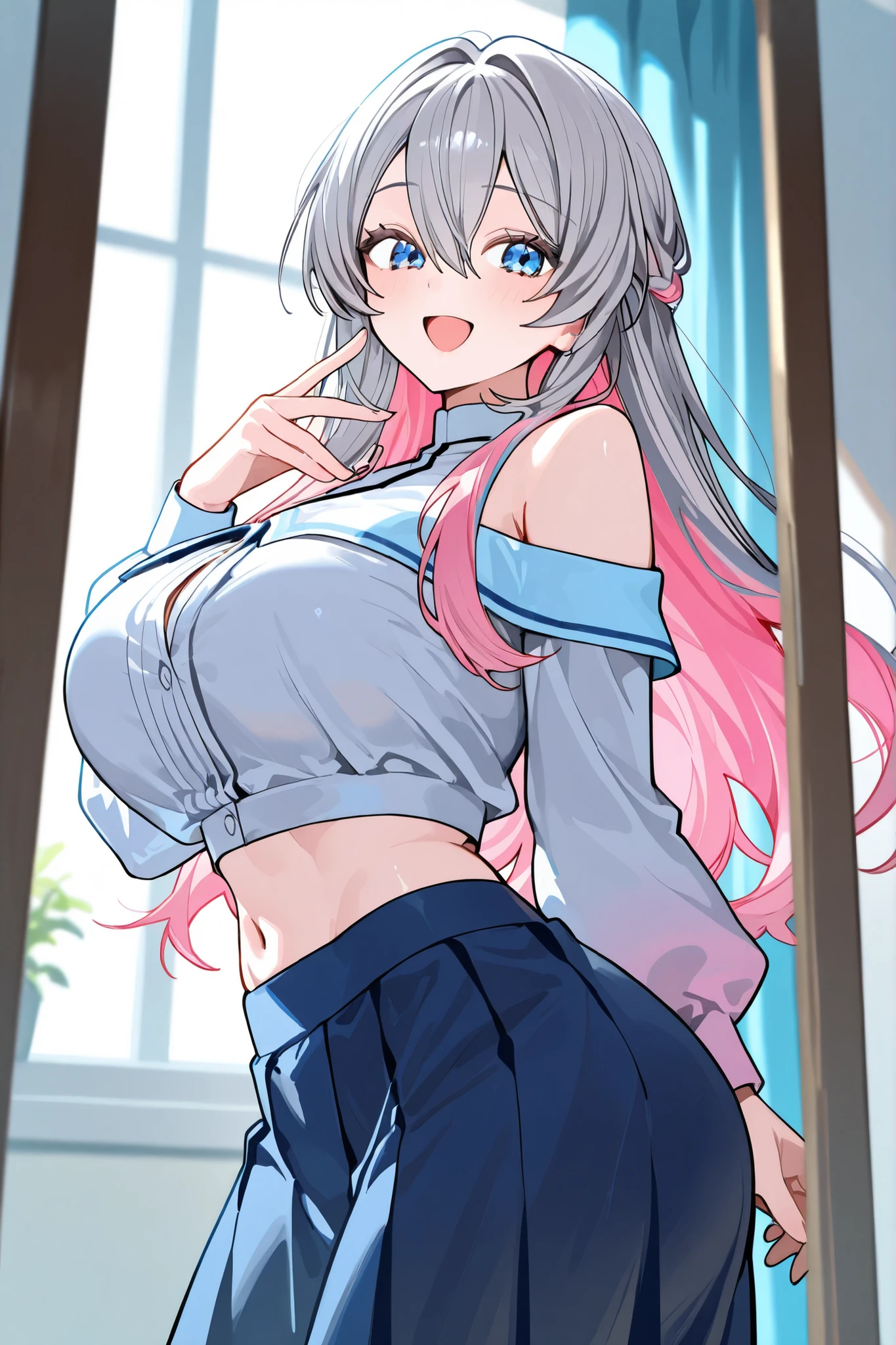 1 girl , fit girl , score 9 score 8 , 7up , score 6 up unceasored , 1 girl long hair pink , long hair gray , blue eyes , gray hair , skirt , blue , skirt , hair between eyes, huge breasts , huge ass, salior outfit, she has a skirt princes , he , has blouse bare navel , smile with your open mouth , stading in home , shoulders is beautiful , face is beautifuland cute, stading , crop clothes , she has a , she has two-colored hair (white and pink , pink no blue hair ) , big eyes