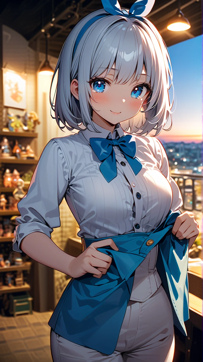 Kizi,kamisato_ayaka,white shirt,Black wrapped hip skirt,Dusk sunset,Inside the office,Leaning against the table