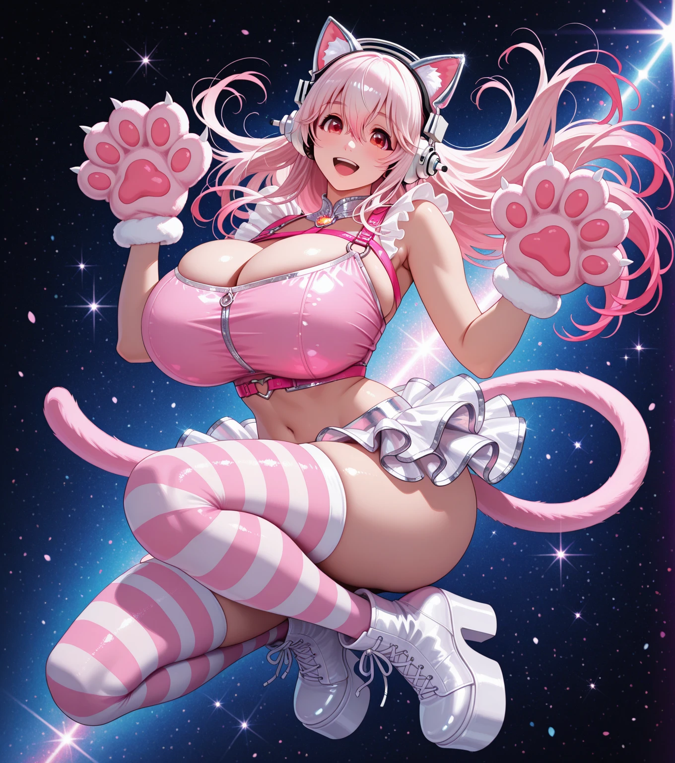 Happy , with wolf ears and pink hair, holding her cheeks, wolf tail, wearing a latex dress, looking at veiwer, full body, you can see her chest, naked breasts