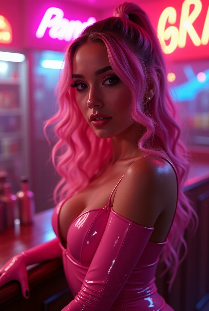 (best quality)1, (best detail)1, (specular highlights)1, (specular reflections)1, (wallpaper)1, cel-shaded poster style, a cool looking french woman with long pink hair, in a leather sticky mini dress stood against a wall in profile, in car's high-beams light, surprised expression, passionate expression, cocked top-hat, cheeky side-eye, deep decollate:1.4, facing the car-light, facing the camera
