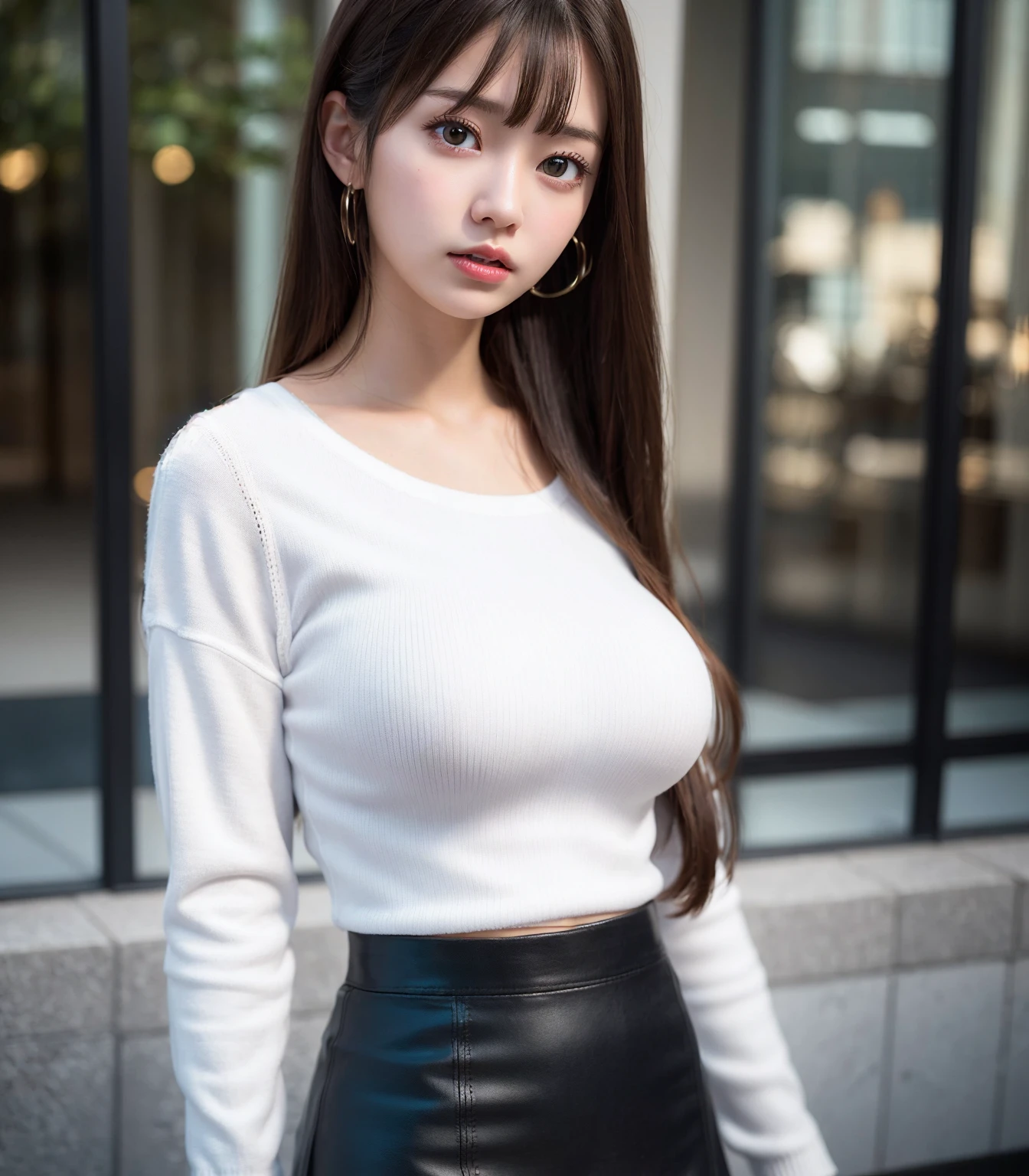 (masterpiece、top-quality、high-level image quality、ultra res,in 8K), (Raw foto:1.2), (Photorealsitic:1.4), (Beautiful woman,Sexy Action Actress,japanes、Cool Beauty、late 20s age、Alone、Female detective in plain clothes),(it's cool.)、((Black jumper、White thin shirt、jeans))、Noisy city、Big City Tokyo Shinjuku Ward、Stand cool leaning against the building、length hair、Clear eyes、Double eyelids、Colossal tits、Beautiful skin、natta、((Suspense drama))、