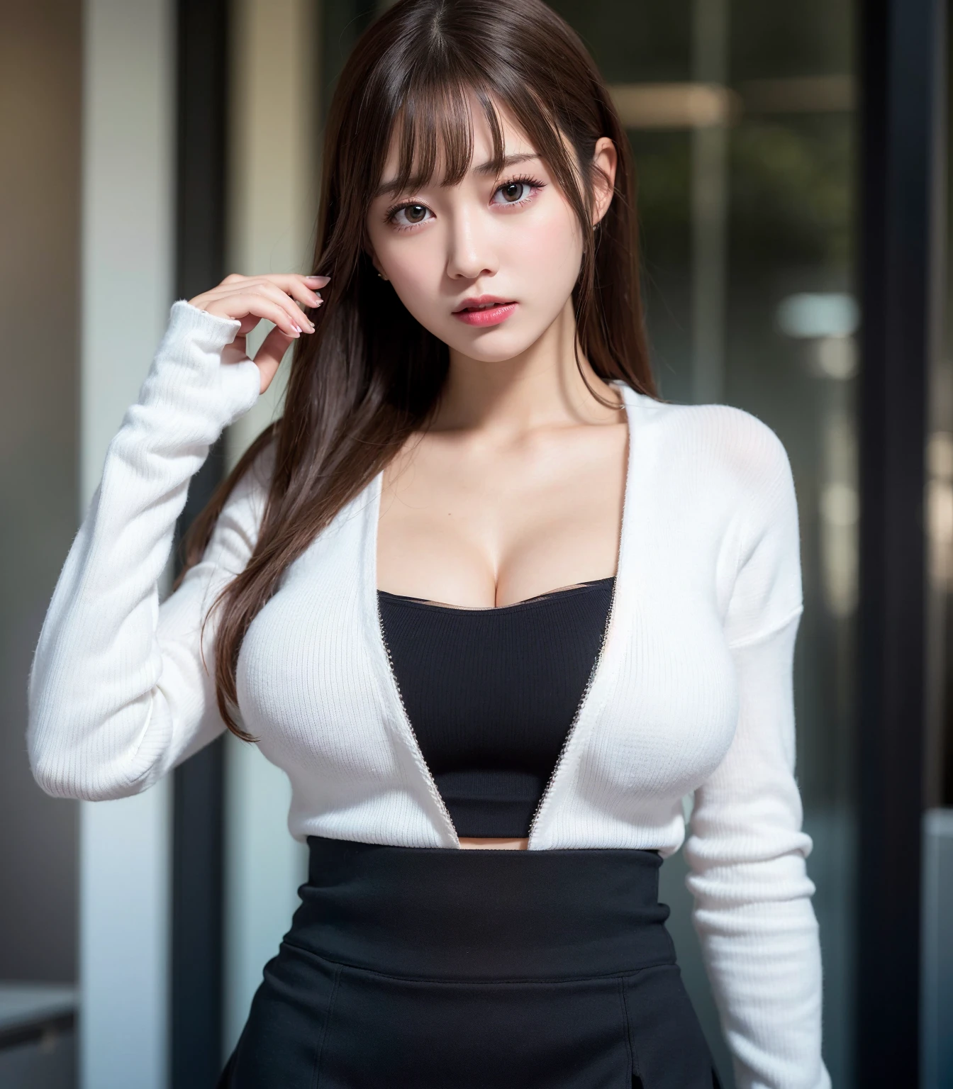 Top image quality、Raw photography、超A high resolution、An 18-year-old woman、Shooting for one person only、modelshoot、big round chest、cleavage of the breast、tshirts、Wearing a black skirt、Beautiful Eyes of Details、very elongated eyes、Beautiful eyelashes、Beautiful double eyelids、Black walls、very slender legs、Shorthair with light brown hair、very slender physique、Very small buttocks