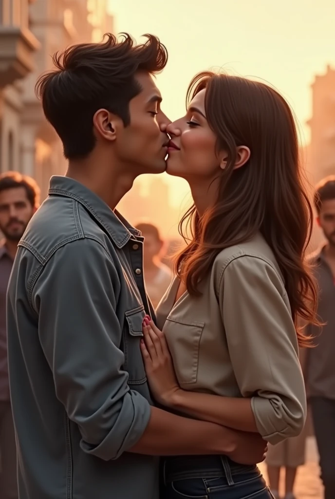 A woman kissing man