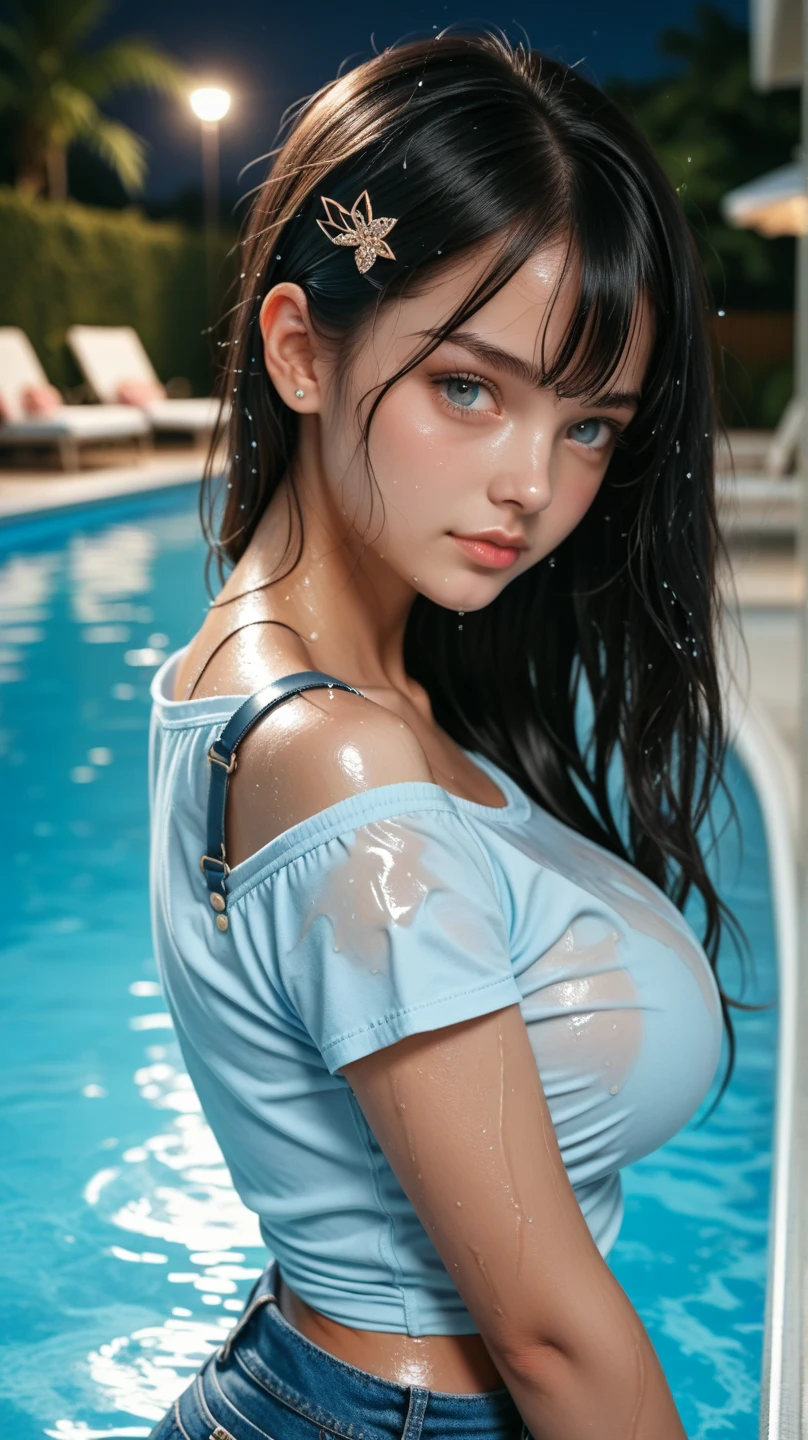 (Mejor calidad,4k,8K,high resolution,Obra maestra:1.2),ultra detallado,(realista,photorealista,photo-realista:1.37),HDR,HD,studio lighting,sharp focus,extreme detailed description,profesional,vivid colors,bokeh,retratos,agua,chica en una piscina,wet,tight and wet T-shirt,parado al borde de la piscina,tumbado en el borde de la piscina,vista de primer plano,sexy