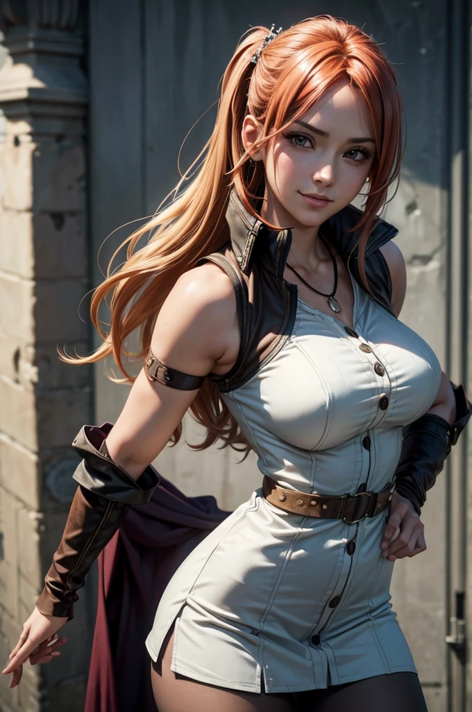 Anime style, (masterpiece:1.35), (bestquality:1.4), 8k, ultra-detailed, (ultra-realistic:1.4), delicated best quality, illustration, an extremely delicate and beautiful, extremely detailed, 8k wallpaper, Amazing, finely detail, masterpiece, best quality, official art, extremely detailed 8k wallpaper, huge filesize, ultra-detailed, highres, extremely detailed, (extra realistic photography)!!, (focus on 1girl)!!, detailed shadow, professional lighting, (futuristic vibe scenery exposed)!!, (very stunning sight)!!, Depth of field, 1girl, 24 years old girl, 1girl photo from front, (1girl look viewer)!!, cosplay, (walking on the futuristic city road)!!, (wear school uniform), delicate face, makeover face, blush, close mouth, seductive smile, sharp eyes, 1girl with colored pupils, homochromatic eyes, detailed clothes, (very long red hair)!!, red bangs, curvy hair, realistic hair, neck garter, gloves, slim legs, pantyhose, skirt, smooth thighs cleavages, garter thigs, medium breast, the breast is covered, seductive breast cleavages, bare shoulder, seductive hand grab the breast, sword on the waist