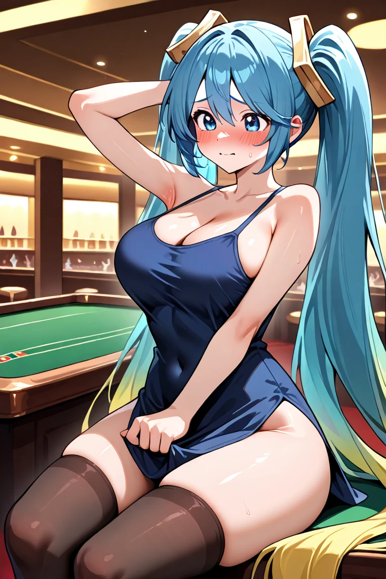 ((highest quality、muste piece、High resolution))、(Zoom photo from the front:1.95、Pose that invites men、dark blue hair、first round、ponytail hair)、(((high school girl:1.5、semen、wet body:2.5、wet body、open legs、Ahegao:2.5、orgy sex、inside the casino:1.5)))、Ahegao、((wet body、orgy sex、big breasts))