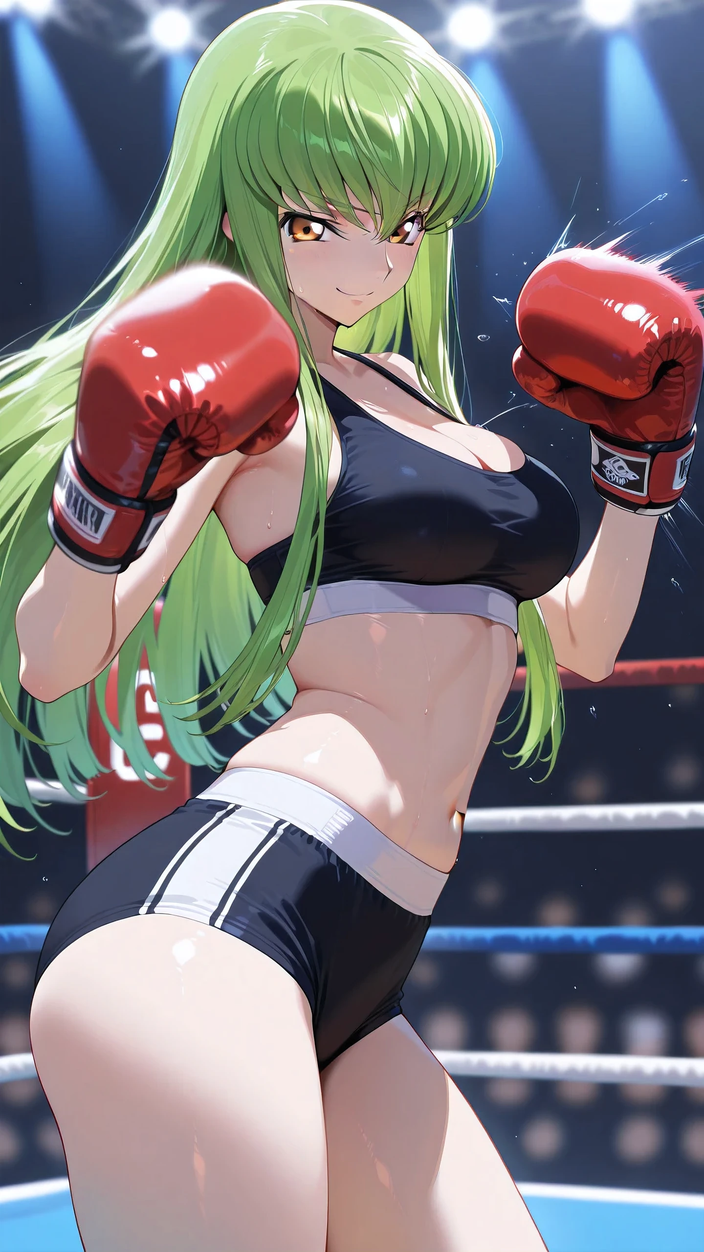 C.C., Code Geass, green hair, gold eyes, solo, (punching at viewer:1.3), long hair, black sports bra, black sports very short spats, boxing gloves, bare thigh, cleavage, medium breast, Perfect body, detailed eyes, detailed face, glaring smile, looking at viewer, standing, (portrait, from side).
boxing ring, spectator seats, (depth of field).