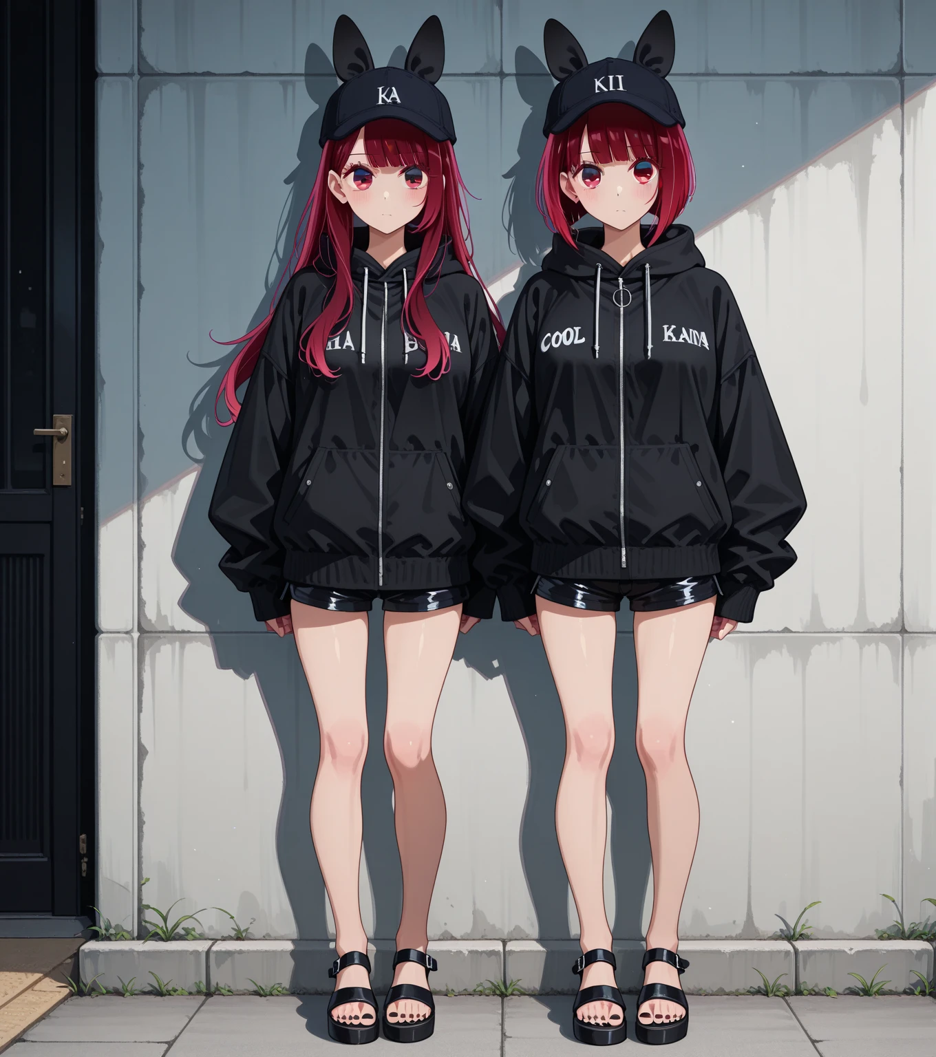 Arima Kana, wearing black sandals, wearing black colored baggy Jacket, wearing short pants, wearing a cool cap, long hair, her ears being visible through her hair
