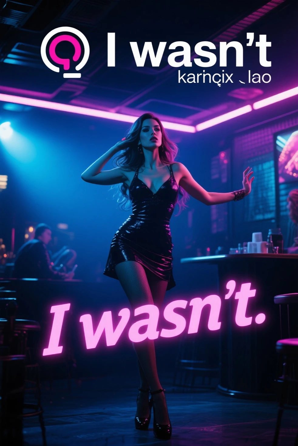Girl holding a big white sign in the air above her head, at a night club, glittery dress. Facing camera