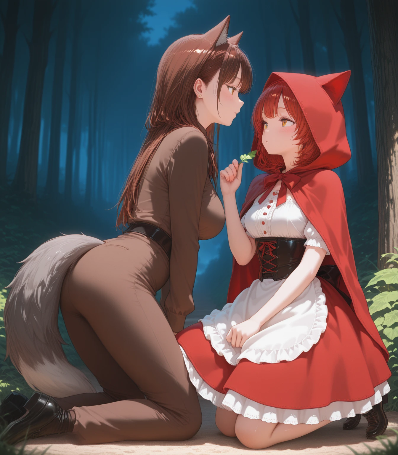 nsfw, top quality, best quality, High-quality illustrations, masterpiece, super high resolution(super cute girl, wolf, lovers, zoophilia, Mating, pussy sex from behind)Little Red Riding Hood, forest, girl, undressing, open Clothes, absurdres, perfect anatomy, tomogao, good lighting, red blush, cinematic shadow,