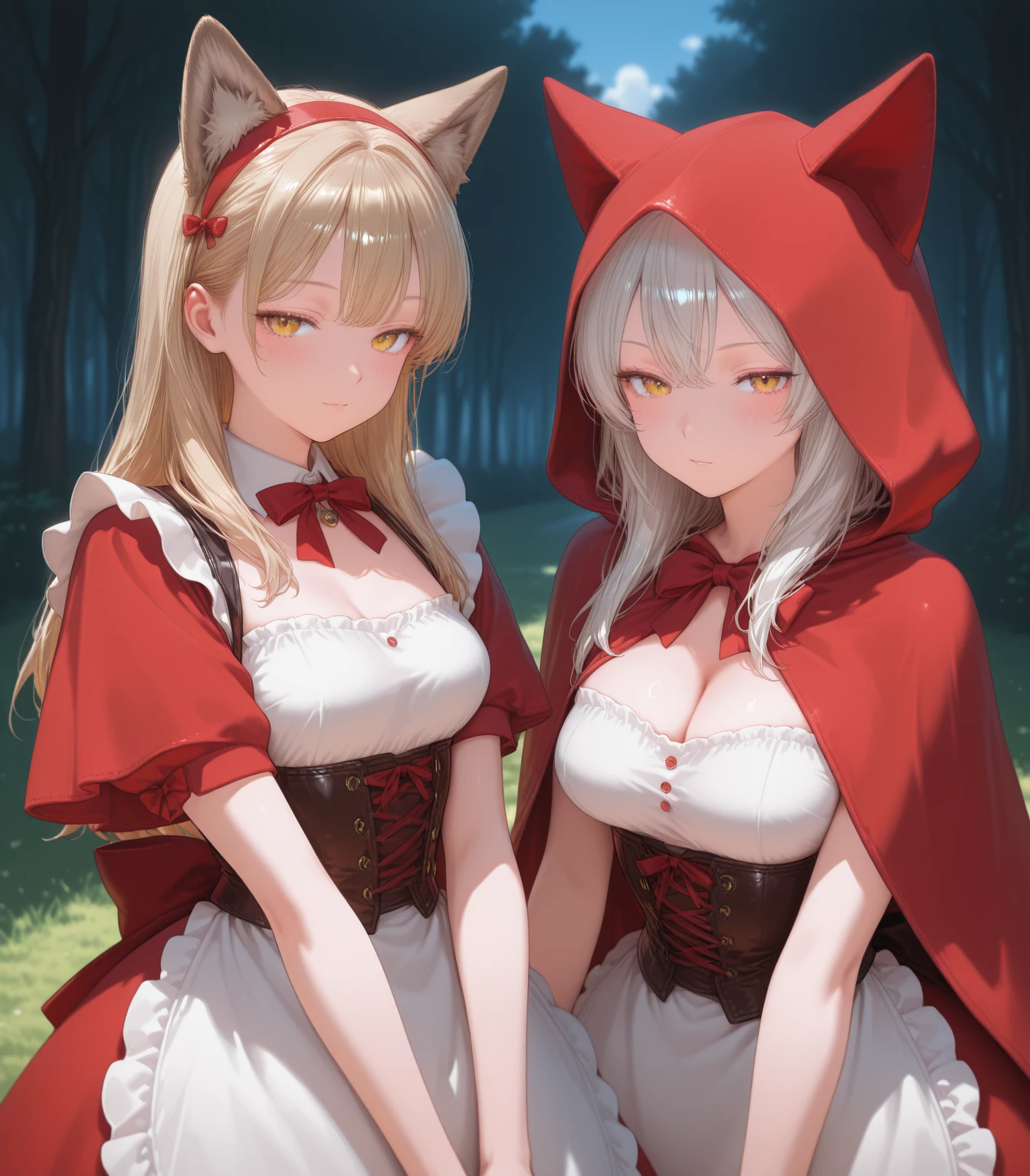 Mature - Huge tits - Cameltoe - Version adulte et très sexy du Petit Chaperon Rouge aux formes généreuses. Elle avance vers la caméra en se dehanchant. Elle porte une cape rouge audacieuse et un ensemble révélateur, avec un corset en dentelle rouge et une jupe très courte en latex rouge révelant une culote en dentelle blanche avec cameltoe. Ses bottes montantes et son expression confiante ajoutent à son allure séduisante. Ses cheveux longs et bouclés tombent en cascade autour de son visage. A ses côtés, se tient un loup imposant et menaçant, qu'elle tient par le colier, regardant vers l'horizon. La posture protectrice attentive du loup contrastent avec son apparence féroce. Le loup porte un collier élégant pour symboliser sa domestication. L'arrière-plan est une forêt dense et mystique, avec des arbres anciens et une lumière tamisée qui filtre à travers le feuillage, créant une ambiance féerique. L'illustration doit être réalisée dans un style artistique détaillé et enchanteur, rappelant l'esthétique des contes de fées