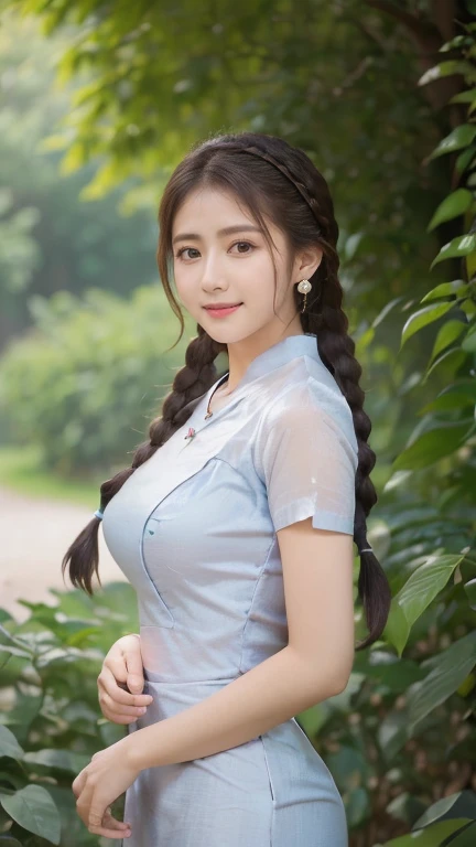 Practical, , detail, High-quality RAW color photos, Professional photography, (8K, RAW photos, Top quality), (Practical, Practical: 1.37), Otherworldly beauty, Young and cute, Smile, Smooth skin, Large bust, (Cleavage:1.2), (Pretty Face:1.2), best quality, high resolution, 超detail, Very detailed, want to, (Sleeveless suspenders painted T-shirt:1.3), (walk,Leisurely ancient costume:1.2), (Depth of Field), (Sam Doss Art 1:0.4), (Style- Hanfu), Light brown hair, Hair blowing in the wind,