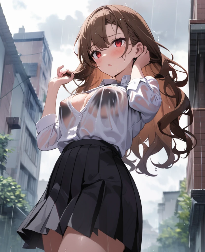 ((Tabletop, Highest quality, High resolution, Hmph, Pixel perfect, 4K, Hmph, Hmph))), One Girl, single, alone, Beauty、The whole body is visible、 ((Mid-wave hair, bangs, Brown Hair)), ((Brown eyes, Beautiful eyelashes, Realistic eyes)), ((Detailed face, blush:1.2)), ((Smooth texture:0.75, Realistic texture:0.65, Realistic:1.1, Anime CG style)), Medium chest, Dynamic Angle, Perfect body, ((Red bow tie, , Black jacket, Open jacket, Brown cardigan, White shirt, Black Skirt, Checked skirt)), City stairs、Looking up from the bottom of the stairs、Very embarrassing panic smile, looked back、Leaning forward、(The wind blew up her skirt, exposing her buttocks...................、Touch your buttocks with both hands、white floral lace panties), (Floating skirt:1.1),,( Panty shot:1.1),