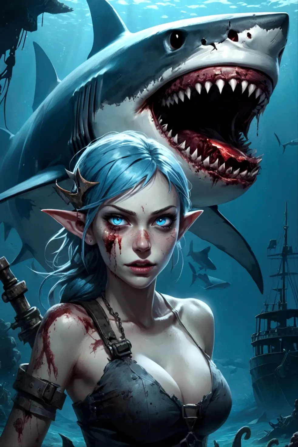 Fantasy underseabed,Shark Elf Girl,blue eyes,Fangs,Shark fin feature on back,Looking Back,blood stains at the corners of the mouth,Open your mouth,fiercely,close up,Dark Wind,Dilapidated cabin of a sunken ship