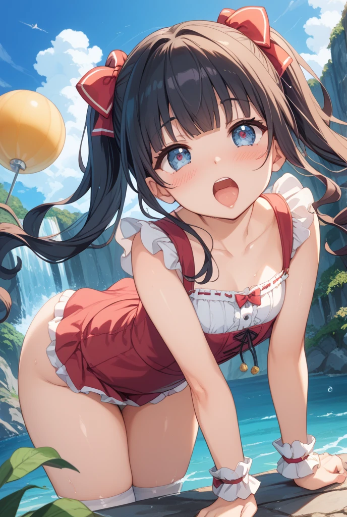 from_behind,Butt,(Nipples_slip:1.3),(white_Swimwear),soft_tits,(((1_girl))),masterpiece, Highest quality,ultra-detailed,High resolution,extremely detailed CG,super fine illustration,anime,detailed,detailed beautiful skin,beautiful face,detailed_eye,View the viewer, (eye_in_highlight:1.5),black hair,(hair_band:1.5),(hair_bow:1.5),No nose,(Saggy_eye:1.8),(puppet:1.8),(round_eye:1.5),(baby_face),Mid-chest,(((はにかんだ笑face))),(river:1.5),