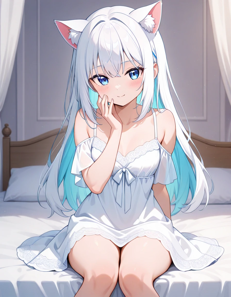 beautiful girl, naked,Cat ear,Long white hair,Light blue eyes,cute, young, small limbs, short fingers, Big Breasts, Embarrassed face, large ribbon on the head, Thin and light clothing, Sheer white lace tights, Thin, sheer white tights,Smooth Skin,lift the perineum,Her cleavage is protruding ,(Spread your legs),(The hand details are perfect too.),(Wet),Squat,No underwear
