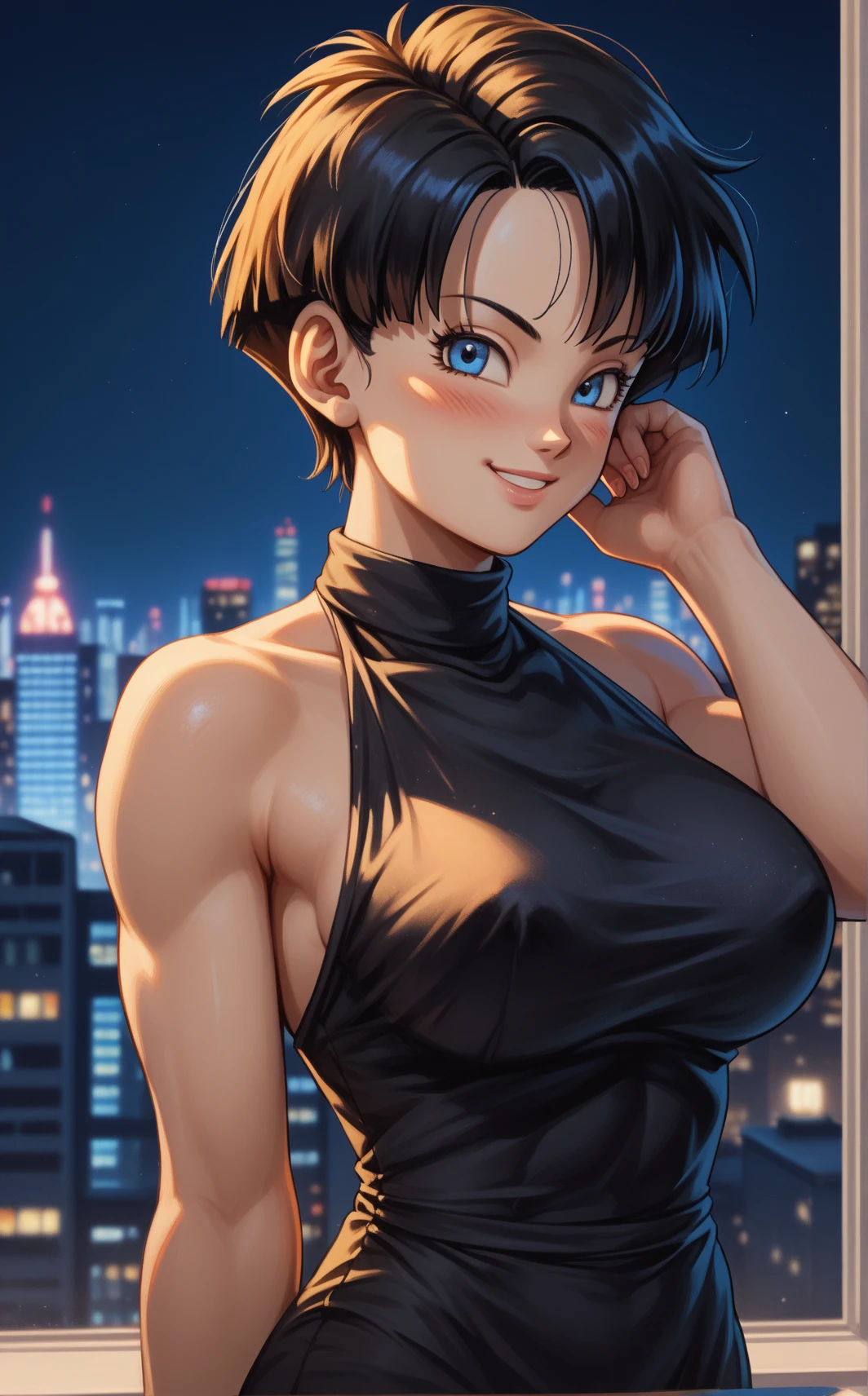 photo of mlp Meowko, RAW, beautiful woman, ((portrait)), ((detailed face:1.2)), ((anime face, anime facial feature, clear skin, glossy anime lips, clear skin), (short messy lesbian haircut, brunette: 1.55),  (perfect proportioned body, Strong, muscular, narrow waist, narrow hips, skinny, large breasts, cleavage), arched back, (revealing clothes, wearing Short skirt in Captain America style bralet), (city balcony, midnight city, stary sky), (realistic photo, best quality, detailed), (8k wallpaper), (cinematic lighting, beautiful light, (night:1.3)) (sharp focus, intricate)