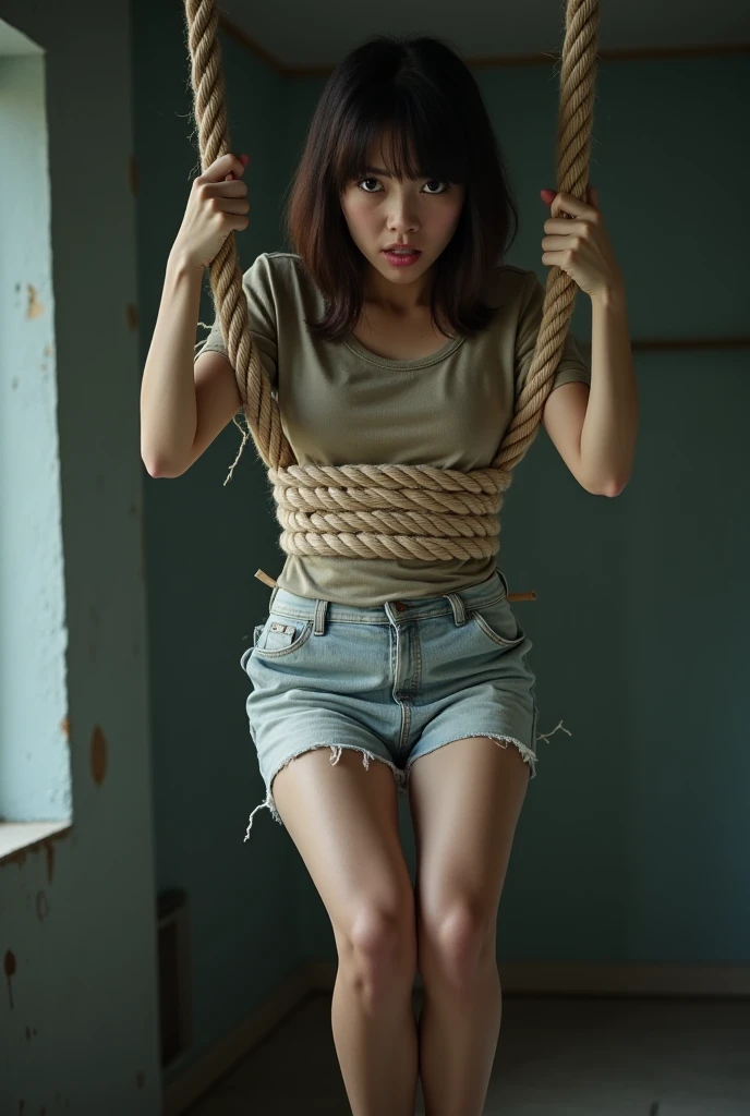 (((white background))),masterpiece,UHD,SHQ,UHR,BQ,UD,sharp focus,8k wallpaper,Uber Realistic photo,perfect illumination,bright exposure,glitter flashes,hot sexy Japanese girl,30 yo,(((Her face resembles Japanese actress Satomi Ishihara,Looks like Satomi Incredibly similar face to Satomi Ishihara, Unbelievably same face as Satomi Ishihara,She only looks like Satomi Ishihara))),blushing face,mouth open wide,big smile expression of joy,smiling for viewer,look at viewer,brown eye wide, glossy lips,glossy brunet hair,straight bob hairstyle,(((naked,no bra,showing nipples,tits,no panty,showing pussy))),detailed glossy skin,shiny skin,,slim body,perfect body,no fat,abs, (((on her knees))),spread thighs,open legs, girl tied up with rope,BDSM,(((Japanese shibari bondage))),(((Japanese bondage,,compressed tightly with ropes))),arms tied up with ropes on top,thighs restrained with ropes, (((Breasts tightened with several layers of ropes))), (((wearing hard thick leather collar in red, iron spiked collar,collar with chained lead))),