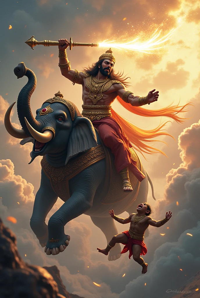 Viswakarma is the central figure in the scene. He has four hands and is seated on the lap of an elephant with its trunk upraised. Goddess Lakshmi and God Ganesha are sitting on Viswakarma's lap.
Viswakarma is seated in a figure four lock position. In his first hand, he is making the pataka mudra gesture. His second hand is holding Goddess Lakshmi. His third and fourth hands are holding various machineries.
The scene is viewed from the front, showcasing Viswakarma, Ganesha, and Lakshmi prominently, with the left side of the elephant also visible.