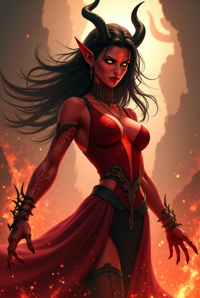 1girl, sexy tiefling, (red skin:1,5), (red black long floating hair), ((perfect demonic eyes)), pointed ears, (black horns:1,3), (huge breasts), (voluptous body), ((black priestess dress with cleavage)), black fingernails, ((dynamic pose)), volumetric lighting, best quality, masterpiece, realistic, anatomically correct, (strong cinematic lighting), ((rim lighting)), stunning details, intricate details, 8k post-production, High resolution, super details, trending on ArtStation, sharp focus, depth of field f/1.8, studio photos, (((looking at camera)))