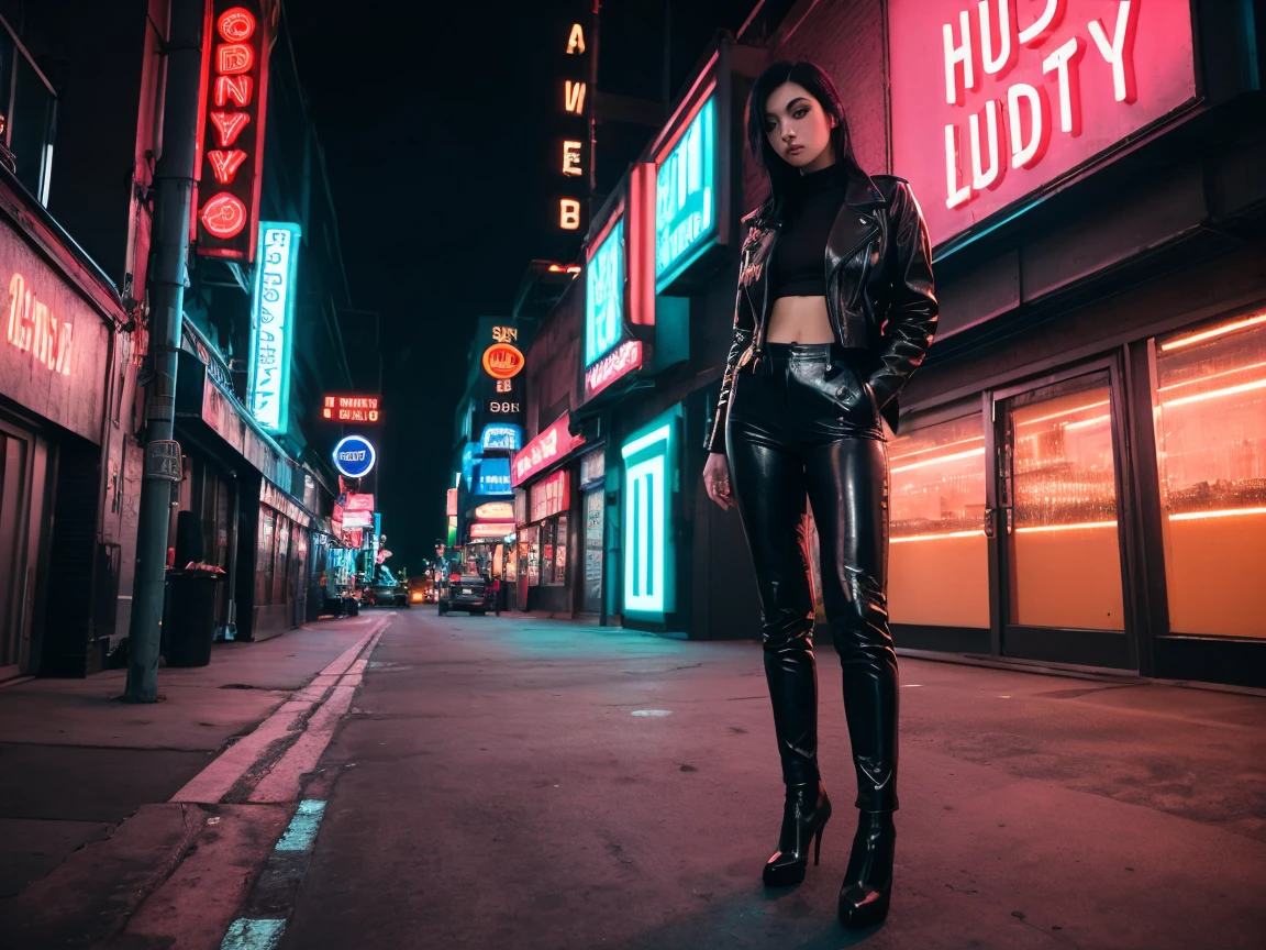 A striking young woman exudes confidence and glamour as she poses in a vibrant urban setting. She is dressed in a short, sleek black latex dress that hugs her curves and catches the light with its glossy finish. The dress is chic and modern, accentuating her silhouette perfectly. She pairs the dress with stunning high heel over-the-knee boots made of matching black latex, which elongate her legs and add a bold, fashionable touch to her ensemble. Her hair is styled in voluminous waves, cascading down her back, and she wears dramatic makeup with a bold red lip to complete her edgy look. The background features a lively cityscape with neon lights, bustling streets, and modern architecture. Capture the essence of urban chic and high fashion, blending the edgy allure of the latex dress and boots with the vibrant energy of the city.