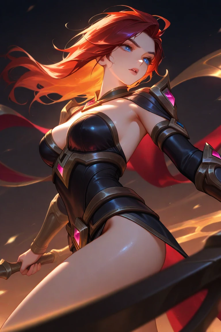 masterpiece 最high quality high quality 1Man Cute Woman fantasy adventurer Inside the dungeon Inside the ruins Attack with a two-handed sword Slashing jump Princess Knight older sister battle effect smile Uplifting red hair ponytail Very big breasts