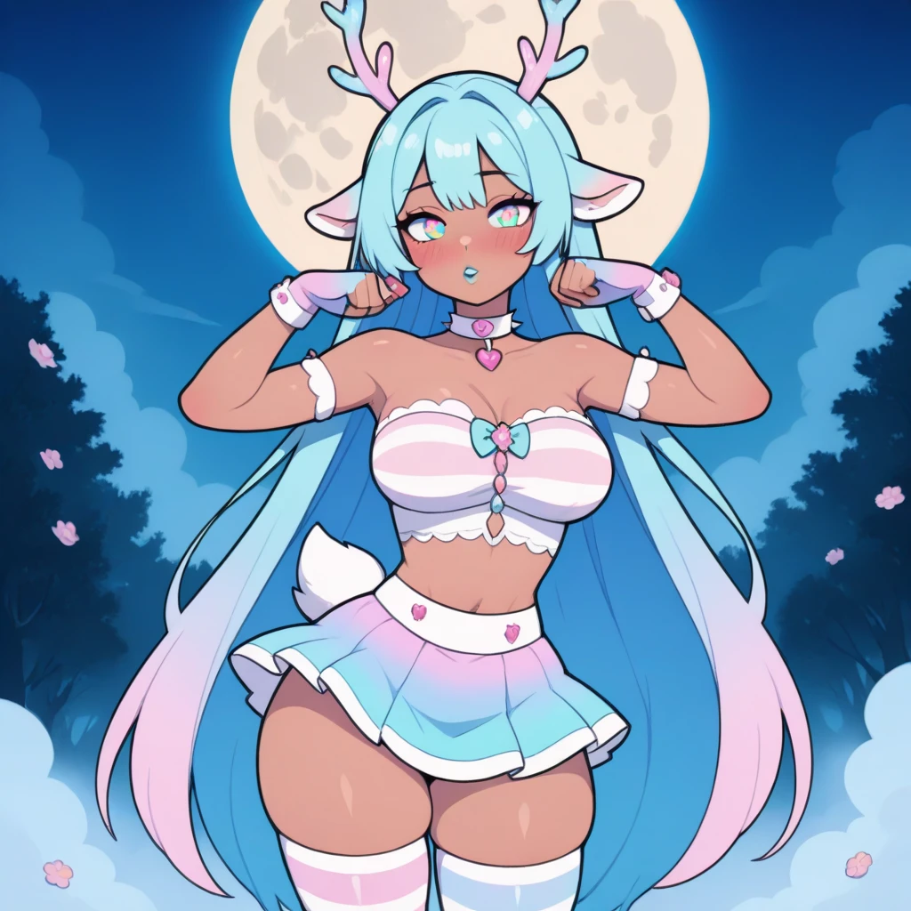 (8k, highest quality, ultra-high detail), (4k, masterpiece), volumetric lighting, bloom, enchanted garden, being watched, ((cute, shortstack, young, bunny girl)), (magenta skin, pink fur, tiny waist, medium breasts, white hair), frilly white dress, thigh highs, happy smile, shiny skin, (uploaded to e621, by doxy, by krokobyaka, by oughta, by chromapan, by slugbox, by xylas, by tsampikos, by teranen),