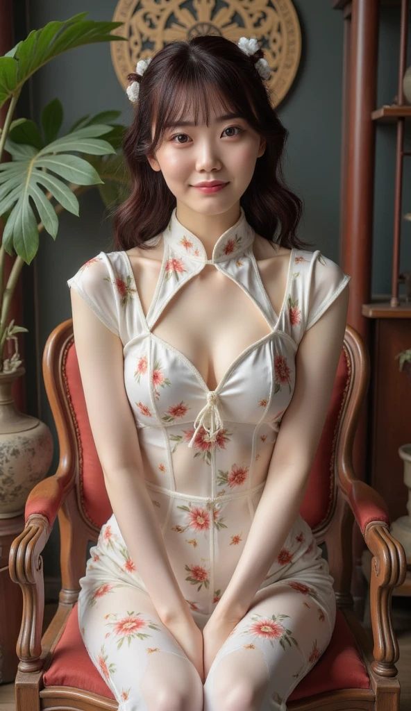 Special clothes43,hair bun,china dress,hair ornament, (best quality, masterpiece:1.2), Extremely detailed, (Practical:1.37), beautiful, youth, Glamorous model, Warm colors, ((A full body perspective,Naturally bent knees,Skin is firm and smooth)), ((In the old-fashioned room,Sit on the edge of the bed,Lean back,Support your body with your elbows)), ((Elegant and natural posture)), (big eyes, Delicate eyes, Delicate lips, Delicate eyes), Available in white with floral pattern, Show a bright smile, fit, Full breasts, ((Big breasts)), Long legs, Create a stunning picture of a girl enjoying her sleep