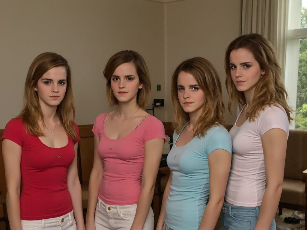 A group of flat chested young girls in open intricated robes with neither bra nor panties is sitting on a bridge of Hogwarts arguing with each other about a female house elf that can be seen in the background, perfect butt, small breasts