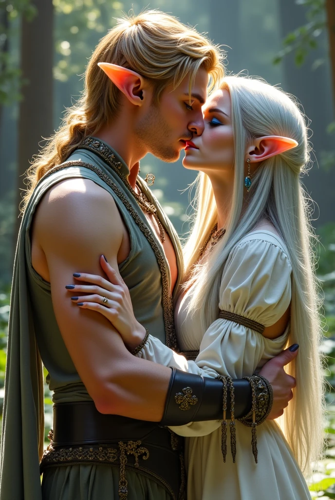 Two male elves with a pale skin. One is beautiful man with a short white curled hair, elven ears and red eyes. He is kissing another elf, a male with long white hair and silver eyes, his cheekbones wide and his nose aquiline. Both males appeared to be about 40