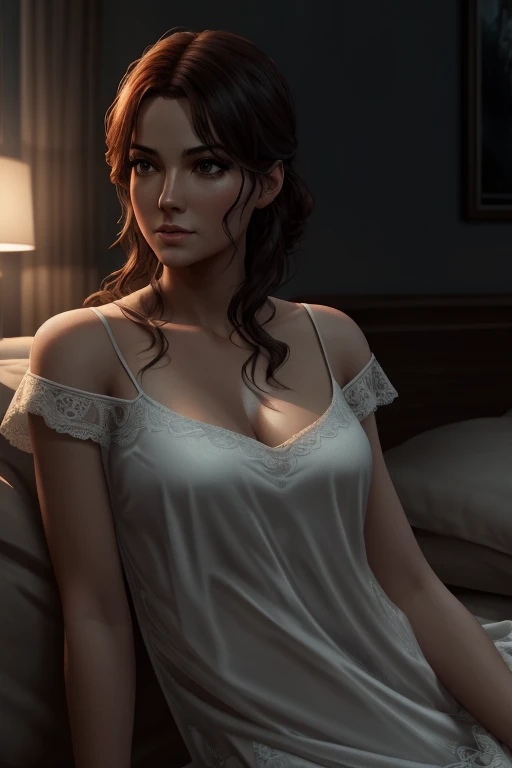 Pretty Caucasian (female), Sarah Shahi, a slim but muscular body, in a bedroom, long sexy legs, leaning toward the viewer, with Smokey eyes and knowing smile wearing a revealing corset, lace stockings, insanely detailed face and eyes, intricate, hyper-detailed bedroom, digital illustration, masterpiece, beautiful eyes, atmospheric lighting, centered, perfect anatomy, glowing eyes, candid portrait, clear, very detailed, smooth, sharp focus, focused on the viewer, facing the viewer