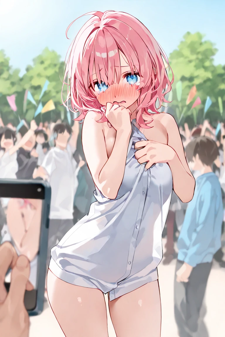 Sexy 25-year-old woman,standing outside,very crowded area,crowd in foreground,crowd taking pictures, crowd throwing money, no bra,topless,tiny panties, black panties,socks,knee-high socks,shoes,full body, hips cocked, knees in,short pink hair,shy,embarrassed,posing,arms behind head