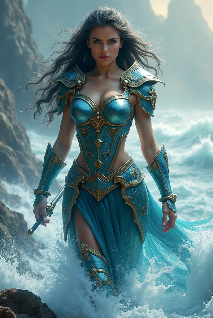 1girl, ((slim)) tall pirate sexywoman, thin waist, 18 years old, ((ornate ((steel)) breastplate armor)), average breasts. (((cleavage))), ((((very long blue skirt)))) with ((((single slit)) on the side)), ((headband)), on a ship, ((gorgeous slim face)), ((Brown hairs)), ((long straight flowing hairs)), sea, detailled face, marterwork, serious eyes, intense detailled eyes
