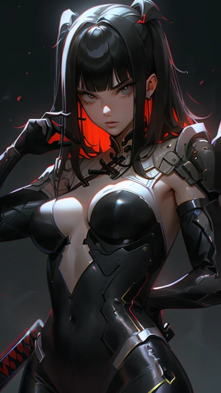 ((8K resolution))、((highest quality))、((masterpiece))、((Very detailed))((((dramatic))), (Anatomically correct)、((theme、whole body:1.1)),The depth of the object to write、Looking at the camera、front、(Mechanical bones格、Mechanical bones、Mechanical Cervical Vertebra、Long and thin、Round sunglasses、lipstick、kimono、Bloody)、revolver、Magnum、spooky、an ominous、SF、Biomechanics、background:Kowloon Fortress、neon