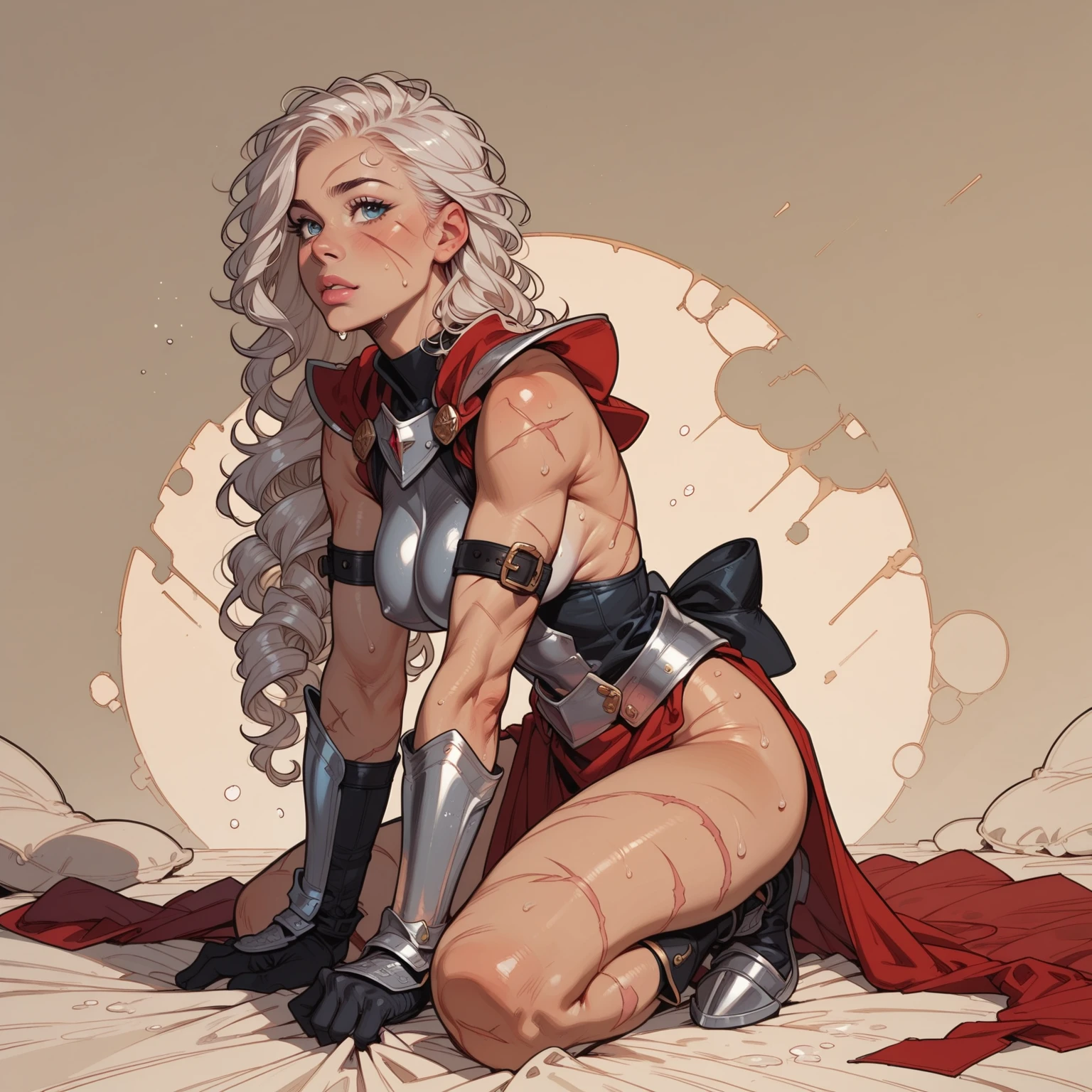a masterpiece, best quality, woman wearing a red sheared dress, druuna, big , dark blue eyes, red sheared dress, full lips, cleavage, high heels, sexy pose, best quality, aroused, paolo serpieri art, luis royo art, milo manara art, bernie wrightson art, ballroom background