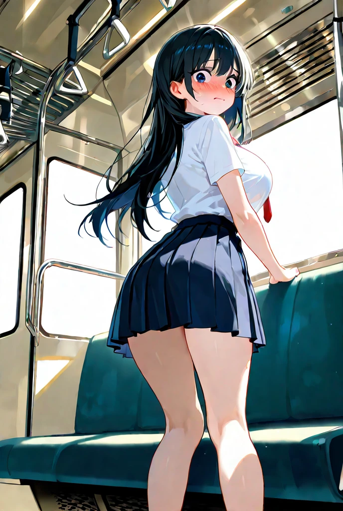 (highly saturated、colorful illustration:1.0)、(long perm hair、Black hair、bright skin:1.0)、(Beautiful slender legs:1.2)、1 girl, 24 Year old, game CG, Girl in School uniform, black skirt、put your hand on your waist、Morning standing on the train、(huge breasts:0.9),rational movement,((8K,masterpiece,realistic),(hyper detail),ultra clear,nature,Vibrant cleavage all over the body,heavy chest,slender beautiful legs