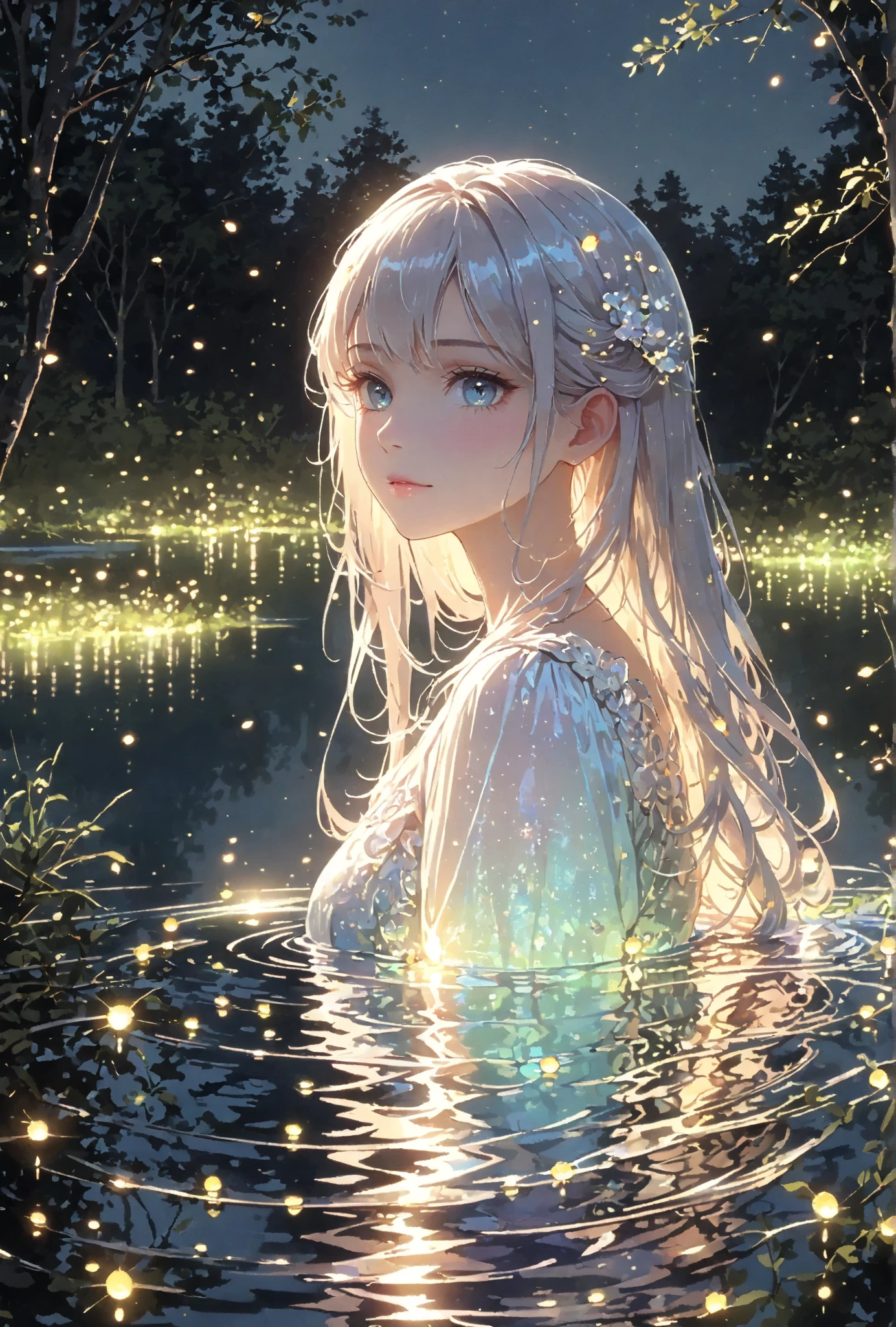 illustratio hight resolution Delicate face line beautiful countenance Beautiful eyes Correct placement Starry sky deep in the night Calm sea Shines blows wind ((mermaids)) hime mournful smile drifting in the sea Looking up to the sky splash water vague Long silver hair blows wind Tears