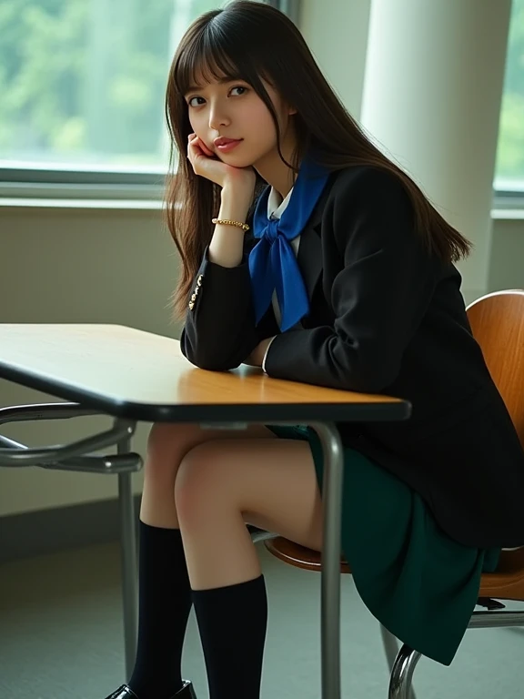 beautiful and delicate girl, very detailed eyes and face, beautiful detailed eyes, huge file size, very detailed, high resolution, very detailed, best quality, masterpiece, (((school classroom)), (((simple blazer))), (((pleated skirt))), (((The skirt and tie pattern are check patterns....:1.3))), very detailed, CG, 8K wallpapers, amazing, fine details, masterpiece, ((best quality)), very detailed CG uniform 8K wallpapers, my face shines, cinematic lighting, 1 woman, 16 years old, (((dynamic pose))), (camel toe), (half), ((pantyhose)), ((Sit with your knees bent and your legs crossed..)), ((whole body)), ((((Raise your skirt and expose your panties.....:1.4)))),