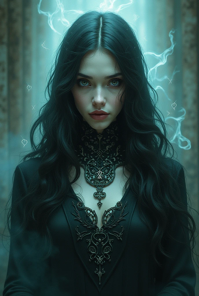 (highest quality,4K,8k,High resolution,masterpiece:1.2),Very detailed,(Realistic,photoRealistic,photo-Realistic:1.37), Close-up of a woman with dark hair and wearing a black dress, Dark Eyes,an  ominous笑顔,((((Glasses))))、((((big sapphire necklace))))、Evil Aura,Burning Flames,Soul Corruption,Dark Shadows,an  ominous雰囲気,Strange symbols,Cursed Land,Eternal Darkness,Unforgettable are present,Intimidating person,Grotesque features,Horror Scene,twisted reality,Scary atmosphere,A wonderful work of art,Evil Unleashed,Supernatural horror,Spooky art,nightmare fuel,Terrifyingly clear,Abstract fear,Terrifyingly beautiful,masterpiece,Fear incarnate,Shadow Chaos,are present,to be born々Shii Darkness,in style of Dark Fantasy Art, Dark Fantasy Art, Beautiful and elegant queen of darkness, Dark Fantasy Art, fantasy dark art, Dark fantasy digital art, Gothic fantasy art, Gothic Dark Maiden, Detailed Texture,Spooky creatures,an  ominous雰囲気,Mythical,Space horror,darkness,Mysterious,Dark aesthetic,Fog Background,Eyes of another world,Ancient Gods々々々々々, Powerful wizard, MysteriousStanding in the woods. Flowing robes decorated with symbols, Arms stretched out, Powerful,Tentacles,Pitch black blackness,Majestic,Unfathomable depth,nightmare,The are present of the universe,an  ominousare present,seeping darknesss,Secrets of the Universe, (Spooky atmosphere), (((Dramatic Shadows), (Dynamic pose), ((Artistically expressed)), ((charm), (Gothic), (Mysterious Setting), (Moody color palette), (Skillfully drawn), (sense of unease), (Intricate details), (an  ominous smile), (an  ominous), (charm eyes), (Horror elements), (charm composition), (Impressive anatomy),(Striking contrast))), (Interesting character designs)、Dark Fantasy Portrait, Portrait of the Dark Goddess, 