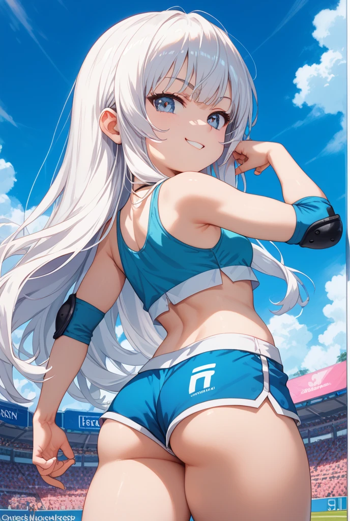 1girl, solo, very long hair, white hair, white thighhighs, navel, bare arms, twintails, independent track and field uniform, track and field uniform