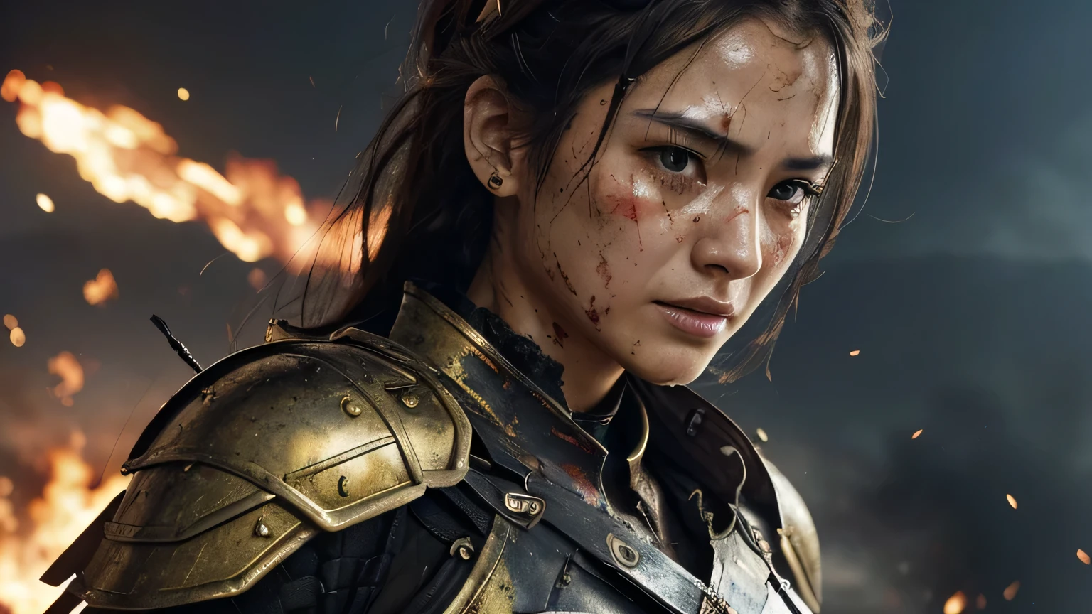 ((Best quality)), ((masterpiece)), (detailed:1.4), 3D, Front view image of a warrior princess from asia wearing studded brocade armor,slightly revealing, buxom figure, glossy wet skin with blood stains on face and body, HDR (High Dynamic Range),Ray Tracing,NVIDIA RTX,Super-Resolution,Unreal 5,Subsurface scattering,PBR Texturing,Post-processing,Anisotropic Filtering,Depth-of-field,Maximum clarity and sharpness,Multi-layered textures,Albedo and Specular maps,Surface shading,Accurate simulation of light-material interaction,Perfect proportions,Octane Render,Two-tone lighting,Wide aperture,Low ISO,White balance,Rule of thirds,8K RAW,