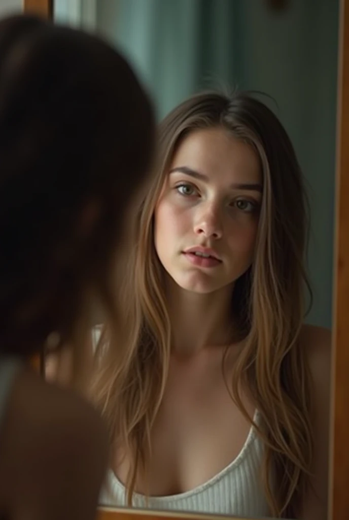 close-up photo of a 16 year old girl looking back, naked, sweet, sweet cutie, close up of her face, no makeup, open mouth, realistic eyes, long silky brown hair, very long hair, light brown hair, light brown hair ), she is looking back with fear and sadness, She is in her closet, in her room, upper part of the body, photo from below, top angle, close-up of the face, close-up photo, skin texture, realistic, without clothes, nude, close angle. A photorealistic image, higher quality resolution, better cinematic lighting, intricate details and sharp focus. couple looking at each other, Detailed texture in 8K HDR image. (CINEMATIC masterpiece:1) (beauty par excellence),
