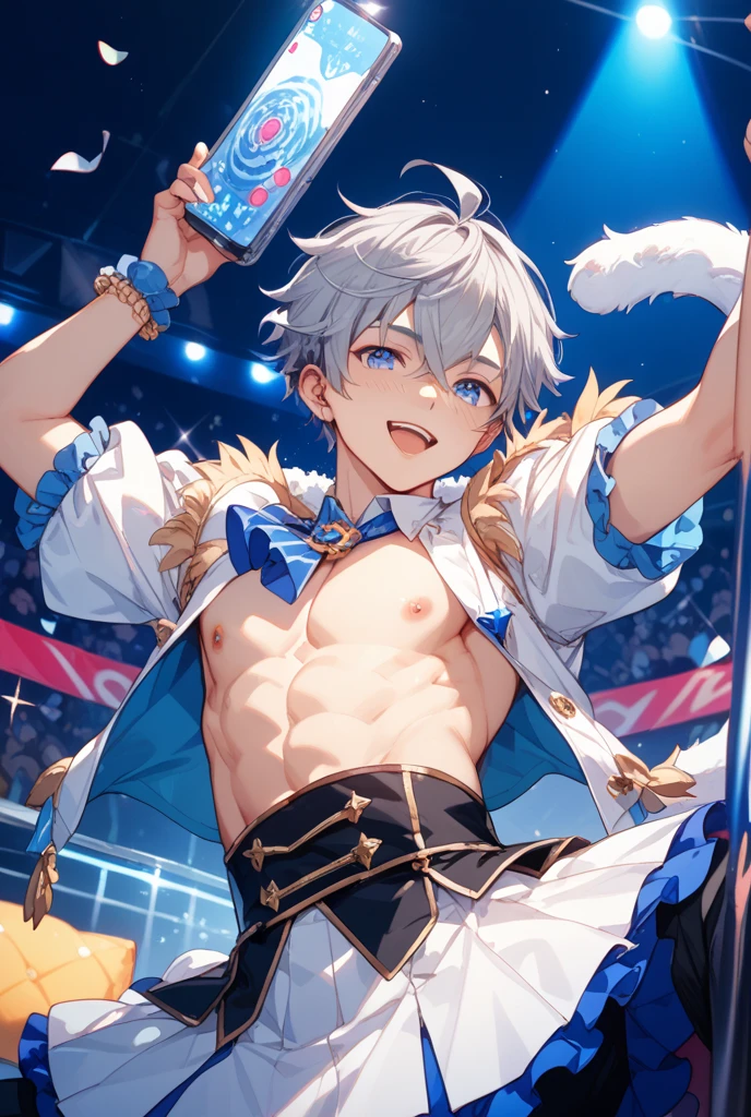 (solo:2), (boldline:-1.7), (metal tray on his hand:1.3), (glass on tray:1.5), (black bow tie:1.5), (y pose:1.5), (arched back:1.2), (((fang))), (((best finger))), (((best hands))), (((best arms))), (((best legs))),BREAK (best quality:1.5), (absolutely resolution:1.5), (ultra detailed:1.5), (masterpiece:1.5), (perfect face), (detailed face), (detailed eyes), (best eyes), (cute face), (sho, BREAK (bunny costume:1.5), BREAK (white speedos:1.6), (see through wet clothes:1.2), (rabbit ears:1.5), (bunny tail on his hip:1.5), (bulge:1.6), (skinny:1.3), BREAK (light blue hair:1.5), (spiked hands), (wine red eyes:1.4), (eyes with highlight:1.6), ((mole under eye)), (sweaty skin), (grin:1.3), ((earrings)), (shiny skin:1.3), BREAK (casino:1.5), (money:1.5), (((spot light))), ((wind blowing)), ((nipple))), (groin),