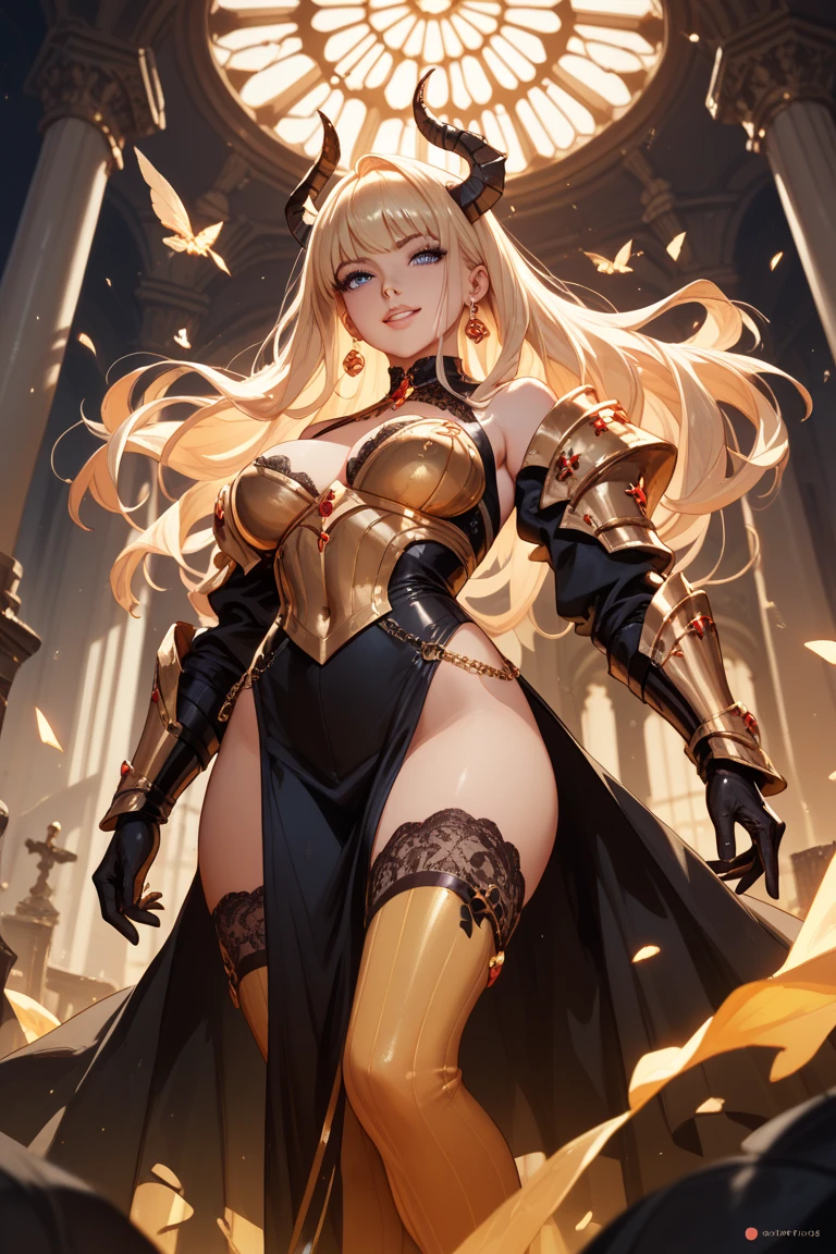 masterpiece, best quality, ultra-detailed, backlighting, 1girl wearing a halo mask, mid shot, full body, standing, long hair, disheveled hair, demon horns, (blonde hair), expressionless, gothic dress, lace trim, small breasts, bare shoulders, night, golden vortex in the background, surrounded by rocks, sandrocks
